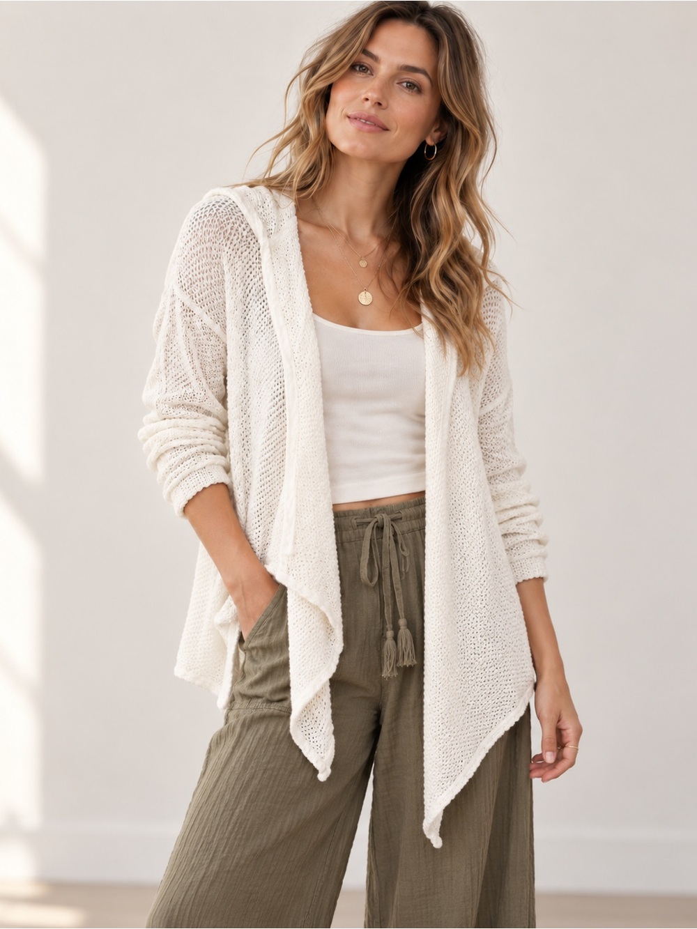 Anthropologie Velvet White Textured Hooded Handkerchief Open Cardigan Relaxed